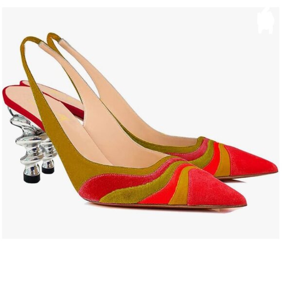 FOWT Shoes - FOWT Red And Yellow Rainbow Color Stripes Slingback Spiral High Heel Pumps